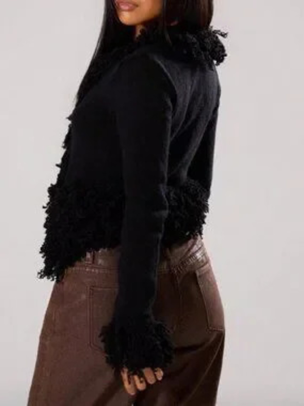 Black Casual Women's Shaggy Trim Knit Cardigan Sweater